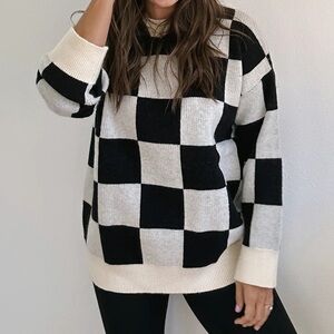 Women’s  Black and Cream Checkerboard Crewneck Sweater